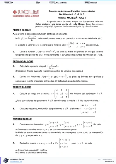 Vista previa de Examen PAU de Matemáticas II de Castilla-La Mancha 2007 – Ordinaria