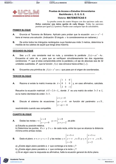 Vista previa de Examen PAU de Matemáticas II de Castilla-La Mancha 2007 – Reserva 1