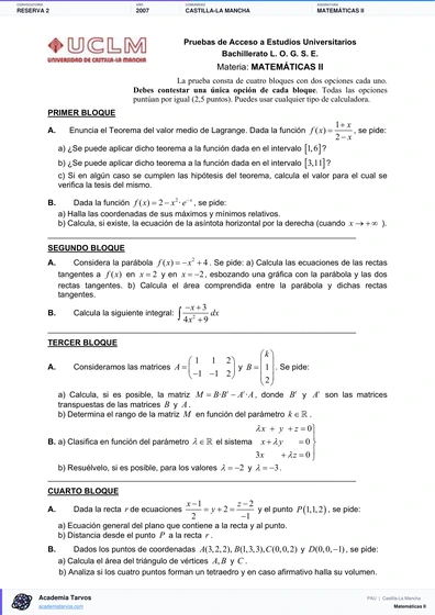 Vista previa de Examen PAU de Matemáticas II de Castilla-La Mancha 2007 – Reserva 2