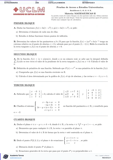 Vista previa de Examen PAU de Matemáticas II de Castilla-La Mancha 2008 – Extraordinaria