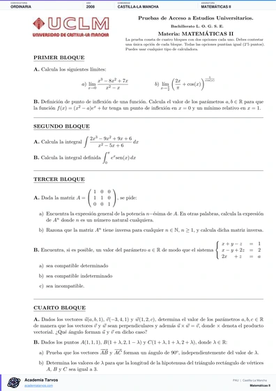 Vista previa de Examen PAU de Matemáticas II de Castilla-La Mancha 2008 – Ordinaria