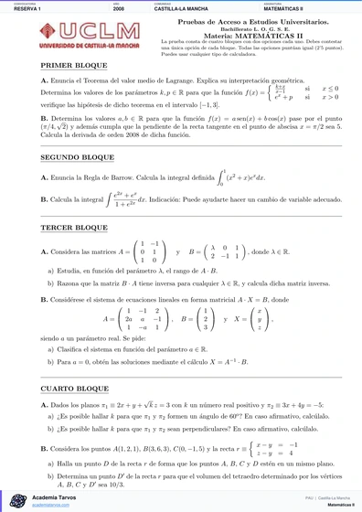 Vista previa de Examen PAU de Matemáticas II de Castilla-La Mancha 2008 – Reserva 1