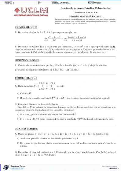 Vista previa de Examen PAU de Matemáticas II de Castilla-La Mancha 2008 – Reserva 2