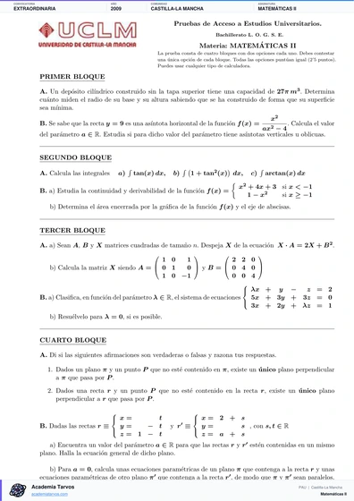 Vista previa de Examen PAU de Matemáticas II de Castilla-La Mancha 2009 – Extraordinaria