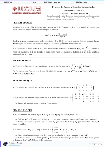 Vista previa de Examen PAU de Matemáticas II de Castilla-La Mancha 2009 – Reserva 1
