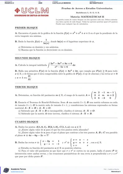 Vista previa de Examen PAU de Matemáticas II de Castilla-La Mancha 2009 – Reserva 2