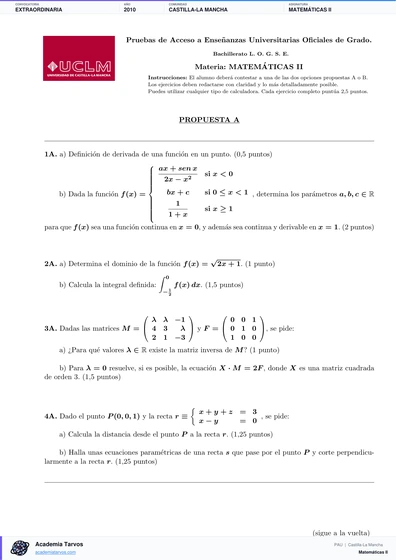 Vista previa de Examen PAU de Matemáticas II de Castilla-La Mancha 2010 – Extraordinaria