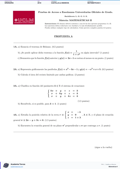 Vista previa de Examen PAU de Matemáticas II de Castilla-La Mancha 2010 – Ordinaria