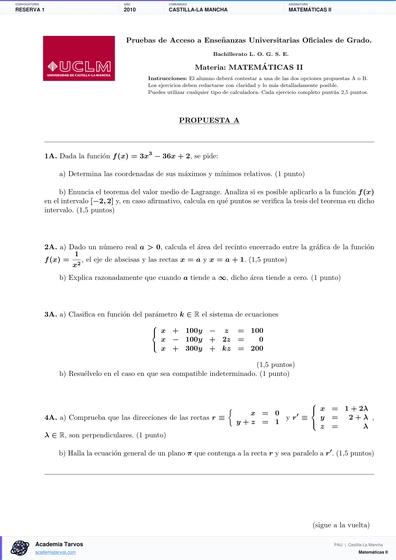 Vista previa de Examen PAU de Matemáticas II de Castilla-La Mancha 2010 – Reserva 1
