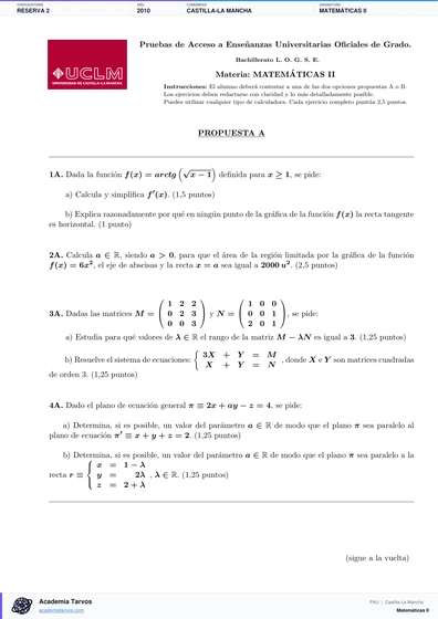 Vista previa de Examen PAU de Matemáticas II de Castilla-La Mancha 2010 – Reserva 2