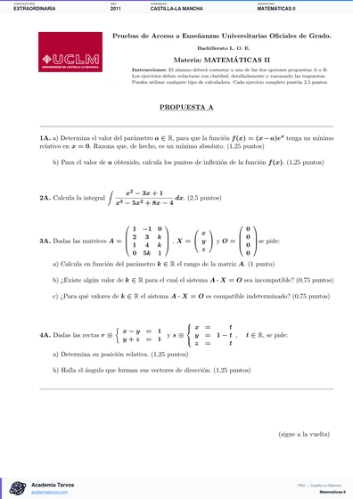 Vista previa de Examen PAU de Matemáticas II de Castilla-La Mancha 2011 – Extraordinaria
