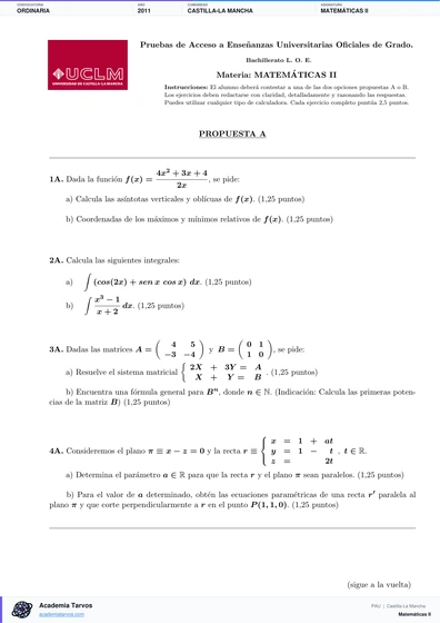 Vista previa de Examen PAU de Matemáticas II de Castilla-La Mancha 2011 – Ordinaria