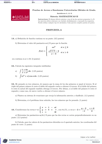 Vista previa de Examen PAU de Matemáticas II de Castilla-La Mancha 2011 – Reserva 1