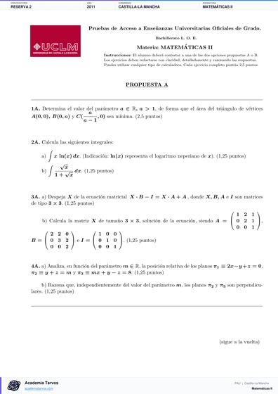 Vista previa de Examen PAU de Matemáticas II de Castilla-La Mancha 2011 – Reserva 2