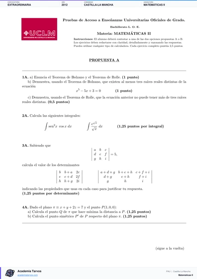 Vista previa de Examen PAU de Matemáticas II de Castilla-La Mancha 2012 – Extraordinaria