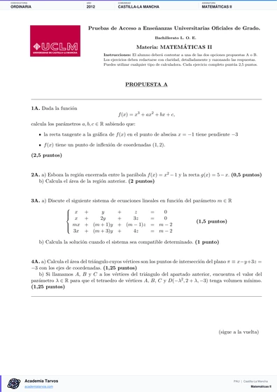 Vista previa de Examen PAU de Matemáticas II de Castilla-La Mancha 2012 – Ordinaria