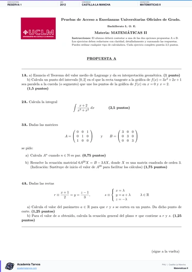 Vista previa de Examen PAU de Matemáticas II de Castilla-La Mancha 2012 – Reserva 1