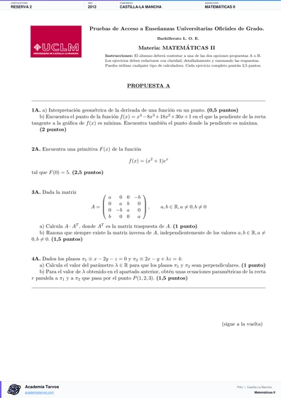 Vista previa de Examen PAU de Matemáticas II de Castilla-La Mancha 2012 – Reserva 2