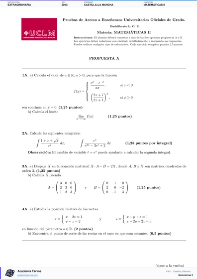 Vista previa de Examen PAU de Matemáticas II de Castilla-La Mancha 2013 – Extraordinaria