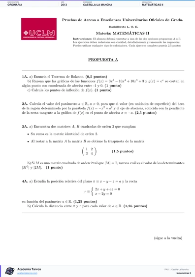 Vista previa de Examen PAU de Matemáticas II de Castilla-La Mancha 2013 – Ordinaria