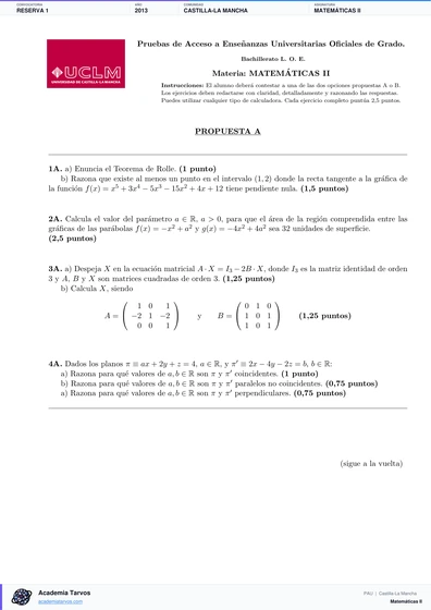 Vista previa de Examen PAU de Matemáticas II de Castilla-La Mancha 2013 – Reserva 1
