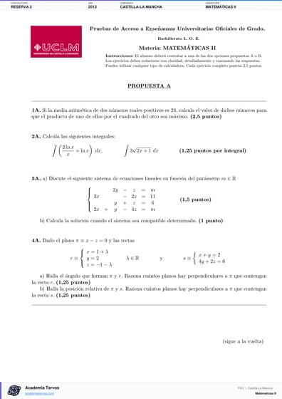 Vista previa de Examen PAU de Matemáticas II de Castilla-La Mancha 2013 – Reserva 2