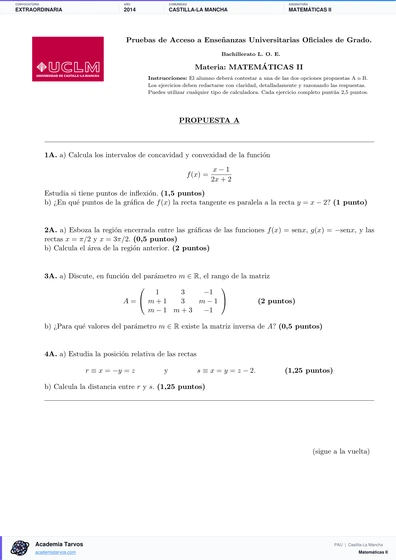 Vista previa de Examen PAU de Matemáticas II de Castilla-La Mancha 2014 – Extraordinaria