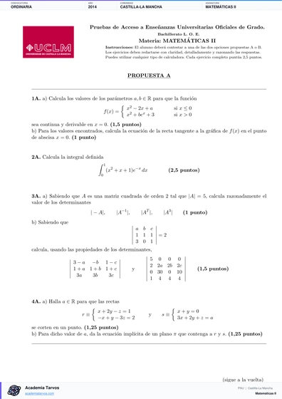 Vista previa de Examen PAU de Matemáticas II de Castilla-La Mancha 2014 – Ordinaria