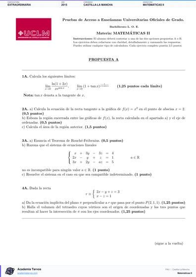 Vista previa de Examen PAU de Matemáticas II de Castilla-La Mancha 2015 – Extraordinaria