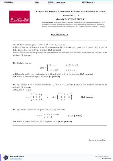 Vista previa de Examen PAU de Matemáticas II de Castilla-La Mancha 2015 – Ordinaria