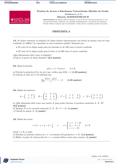 Vista previa de Examen PAU de Matemáticas II de Castilla-La Mancha 2016 – Extraordinaria