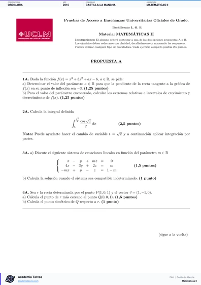 Vista previa de Examen PAU de Matemáticas II de Castilla-La Mancha 2016 – Ordinaria