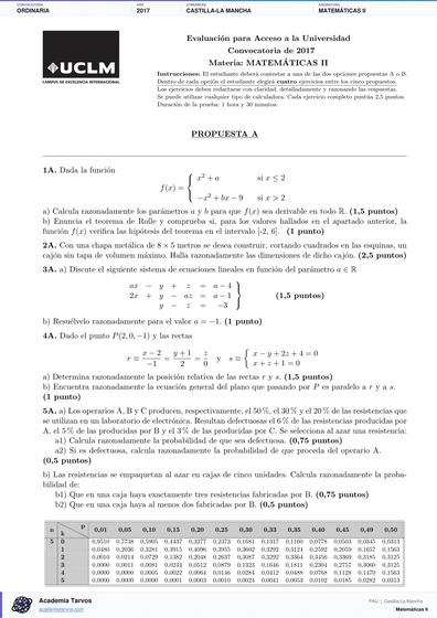 Vista previa de Examen PAU de Matemáticas II de Castilla-La Mancha 2017 – Ordinaria