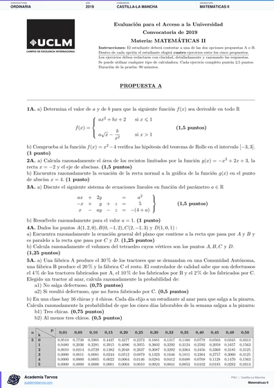 Vista previa de Examen PAU de Matemáticas II de Castilla-La Mancha 2019 – Ordinaria