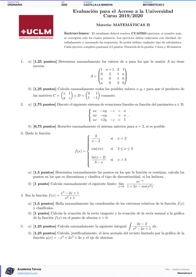 Vista previa de Examen PAU de Matemáticas II de Castilla-La Mancha 2020 – Ordinaria