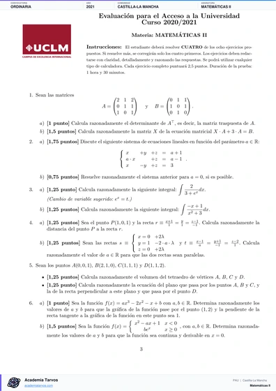 Vista previa de Examen PAU de Matemáticas II de Castilla-La Mancha 2021 – Ordinaria