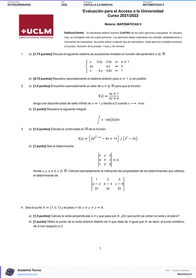 Vista previa de Examen PAU de Matemáticas II de Castilla-La Mancha 2022 – Extraordinaria