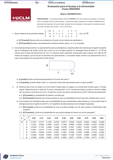 Vista previa de Examen PAU de Matemáticas II de Castilla-La Mancha 2023 – Extraordinaria