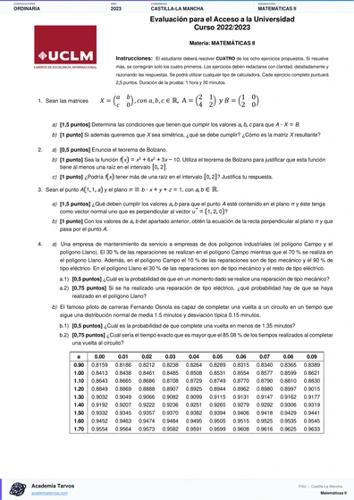 Vista previa de Examen PAU de Matemáticas II de Castilla-La Mancha 2023 – Ordinaria