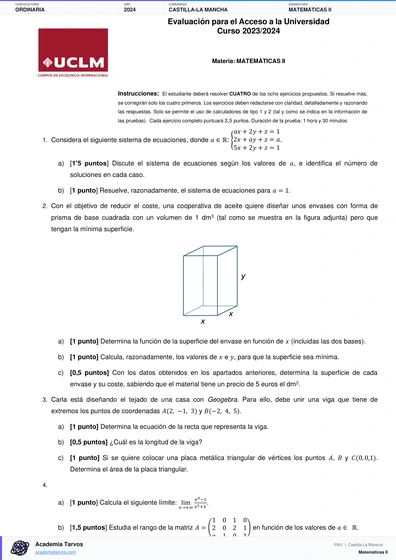 Vista previa de Examen PAU de Matemáticas II de Castilla-La Mancha 2024 – Ordinaria