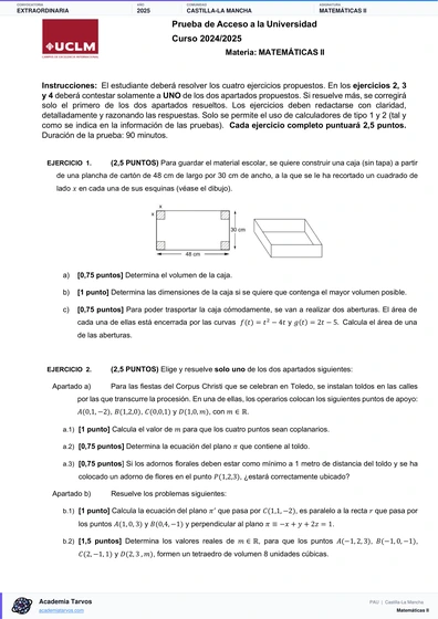 Vista previa de Examen PAU de Matemáticas II de Castilla-La Mancha 2025 – Extraordinaria