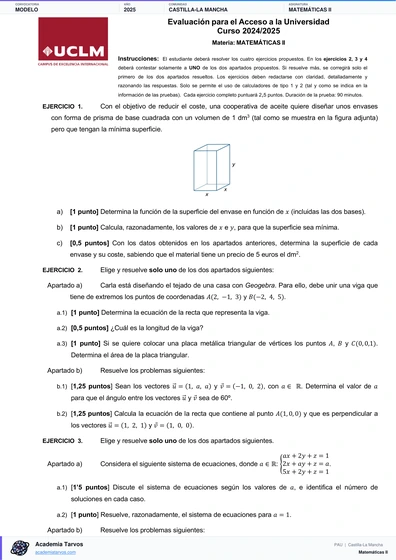 Vista previa de Modelo PAU de Matemáticas II de Castilla-La Mancha 2025