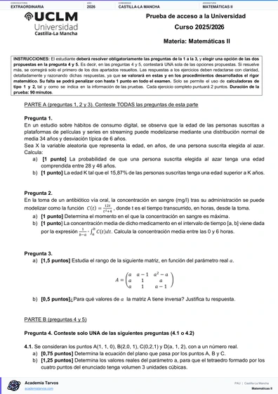 Vista previa de Examen PAU de Matemáticas II de Castilla-La Mancha 2026 – Extraordinaria