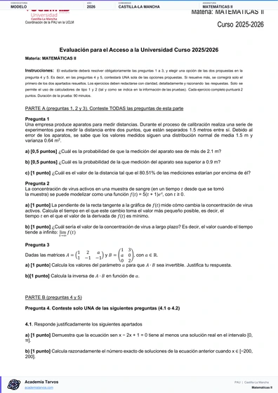 Vista previa de Modelo PAU de Matemáticas II de Castilla-La Mancha 2026