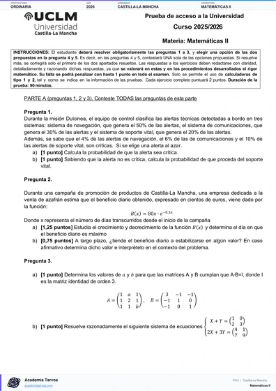 Vista previa de Examen PAU de Matemáticas II de Castilla-La Mancha 2026 – Ordinaria