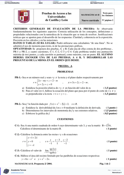 Vista previa de Examen PAU de Matemáticas II de Castilla y León 2004 – Extraordinaria