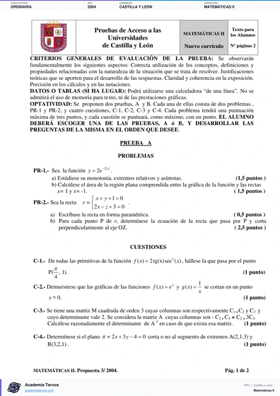 Vista previa de Examen PAU de Matemáticas II de Castilla y León 2004 – Ordinaria