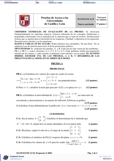 Vista previa de Examen PAU de Matemáticas II de Castilla y León 2005 – Extraordinaria