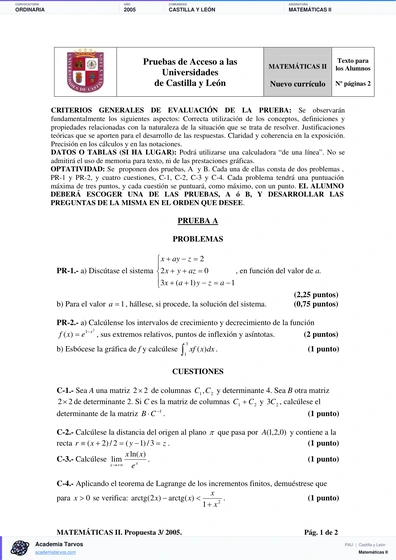 Vista previa de Examen PAU de Matemáticas II de Castilla y León 2005 – Ordinaria