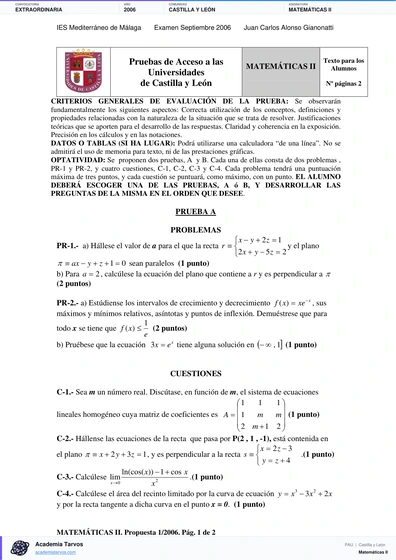 Vista previa de Examen PAU de Matemáticas II de Castilla y León 2006 – Extraordinaria